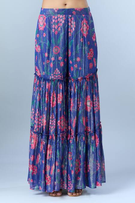 Buy_Archana Shah_Blue Sequins, Beads Sweetheart Neck Floral Print Cape Sharara Set _Online_at_Aza_Fashions
