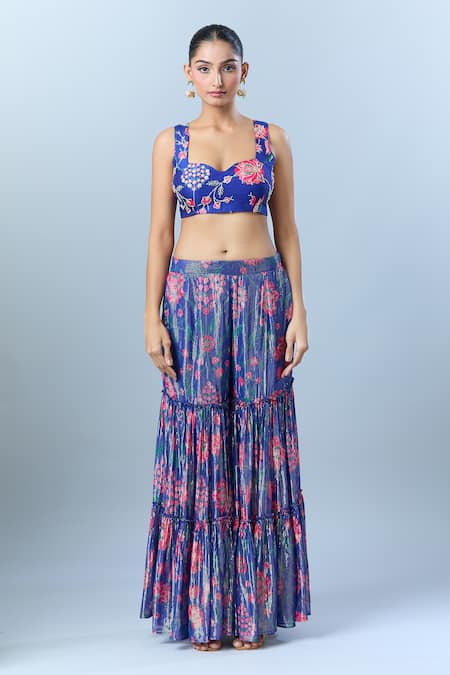 Shop_Archana Shah_Blue Sequins, Beads Sweetheart Neck Floral Print Cape Sharara Set _Online_at_Aza_Fashions