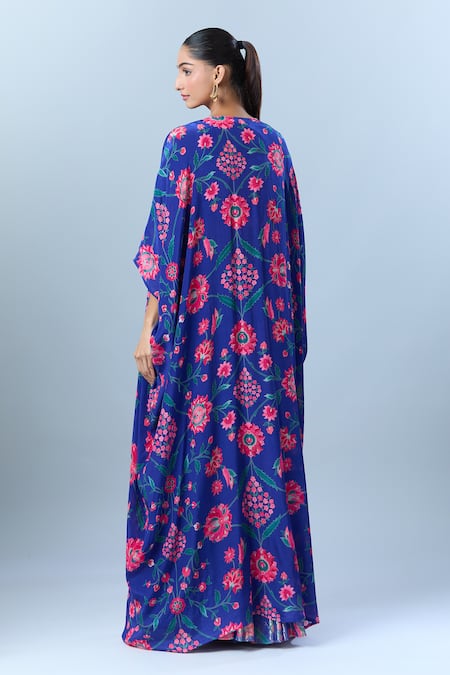 Shop_Archana Shah_Blue Sequins, Beads Sweetheart Neck Floral Print Cape Sharara Set _at_Aza_Fashions