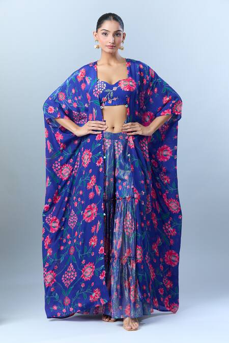 Archana Shah_Blue Sequins, Beads Sweetheart Neck Floral Print Cape Sharara Set _at_Aza_Fashions