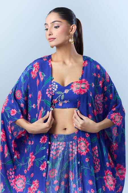 Buy_Archana Shah_Blue Sequins, Beads Sweetheart Neck Floral Print Cape Sharara Set 