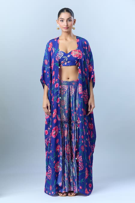 Shop_Archana Shah_Blue Sequins, Beads Sweetheart Neck Floral Print Cape Sharara Set 