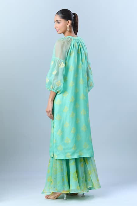 Shop_Archana Shah_Green Organza Embroidery Open Neck Floral Printed Kurta Set With Sharara _at_Aza_Fashions