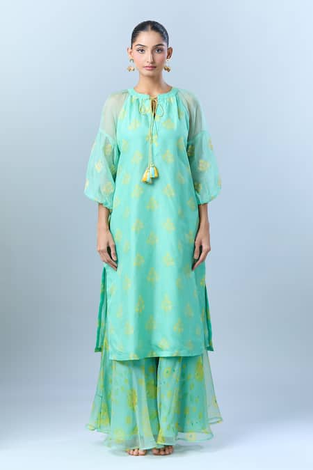 Buy_Archana Shah_Green Organza Embroidery Open Neck Floral Printed Kurta Set With Sharara _Online_at_Aza_Fashions
