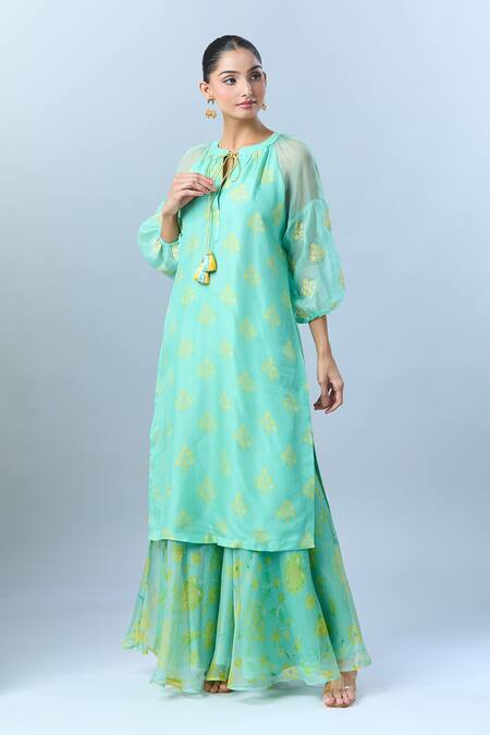 Shop_Archana Shah_Green Organza Embroidery Open Neck Floral Printed Kurta Set With Sharara _Online_at_Aza_Fashions