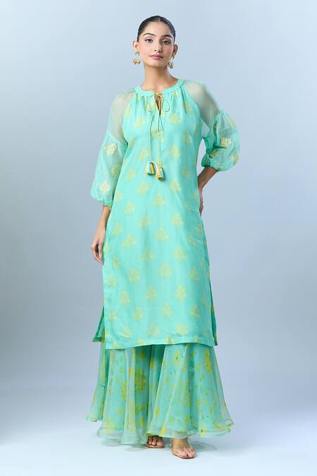 Archana Shah_Green Organza Embroidery Open Neck Floral Printed Kurta Set With Sharara _at_Aza_Fashions