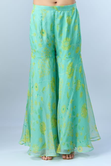 Buy_Archana Shah_Green Organza Embroidery Open Neck Floral Printed Kurta Set With Sharara 