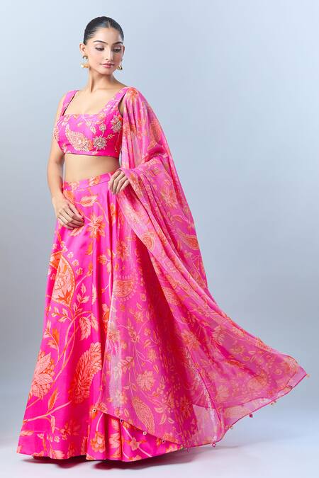 Archana Shah_Pink Cotton Sequins, Tassels Square Neck Paisley Print Lehenga Set _Online_at_Aza_Fashions