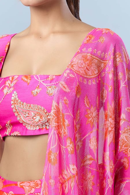 Buy_Archana Shah_Pink Cotton Sequins, Tassels Square Neck Paisley Print Lehenga Set _Online_at_Aza_Fashions