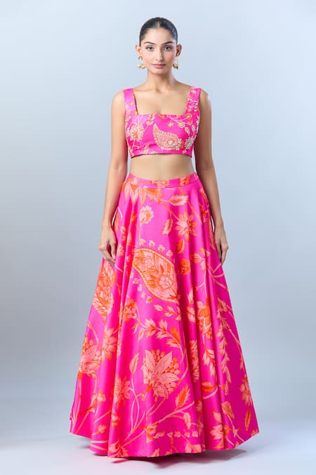 Archana Shah_Pink Cotton Sequins, Tassels Square Neck Paisley Print Lehenga Set _at_Aza_Fashions