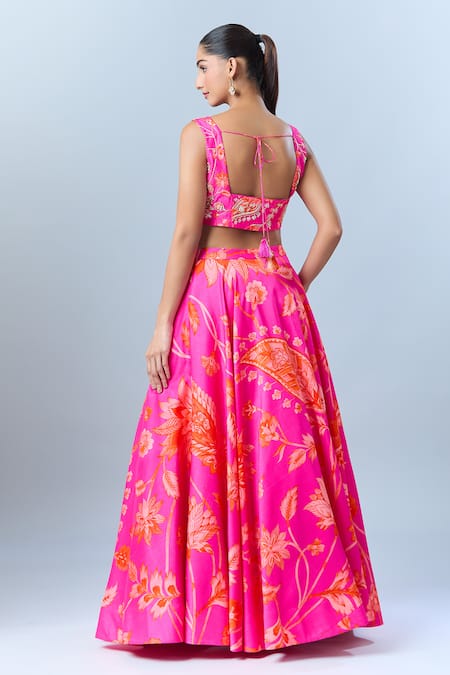 Shop_Archana Shah_Pink Cotton Sequins, Tassels Square Neck Paisley Print Lehenga Set _at_Aza_Fashions
