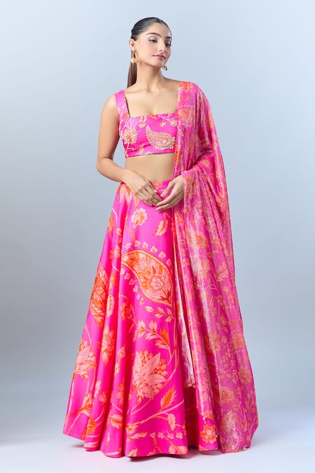Buy_Archana Shah_Pink Cotton Sequins, Tassels Square Neck Paisley Print Lehenga Set 