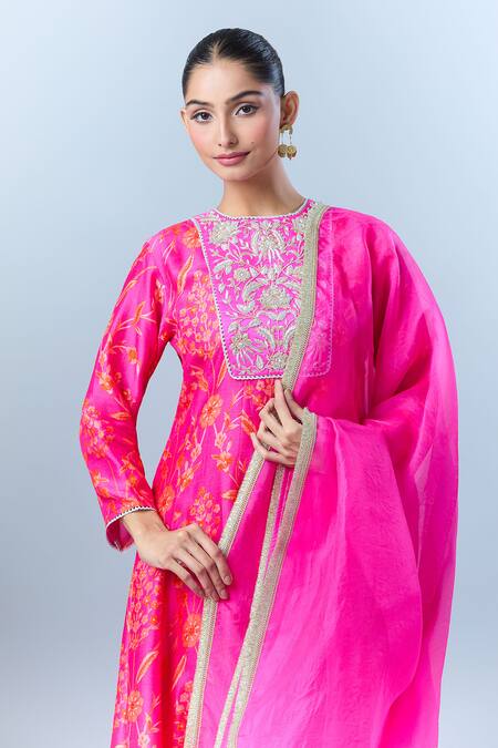 Archana Shah Pink Cotton Embroidery Round Neck Floral Print Anarkali Pant Set Online at Aza Fashions Archana Shah_Pink Cotton Embroidery Round Neck Floral Print Anarkali Pant Set_Online_at_Aza_Fashions