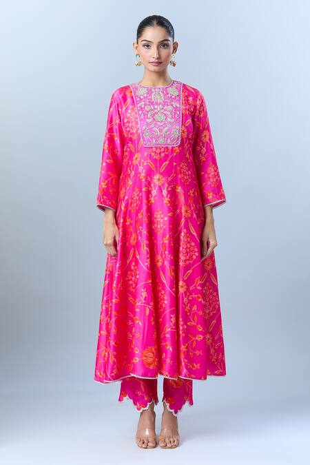 Archana Shah Pink Cotton Embroidery Round Neck Floral Print Anarkali Pant Set at Aza Fashions Archana Shah_Pink Cotton Embroidery Round Neck Floral Print Anarkali Pant Set_at_Aza_Fashions