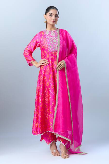 Buy Archana Shah Pink Cotton Embroidery Round Neck Floral Print Anarkali Pant Set Buy_Archana Shah_Pink Cotton Embroidery Round Neck Floral Print Anarkali Pant Set