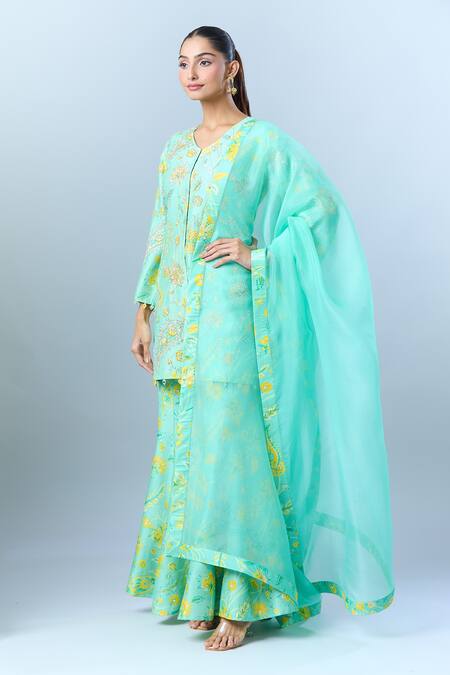 Buy Archana Shah Green Beads, Sequins, Pearls V-neck Floral Print Jacket Kurta Set Online at Aza Fashions Buy_Archana Shah_Green Beads, Sequins, Pearls V-neck Floral Print Jacket Kurta Set _Online_at_Aza_Fashions