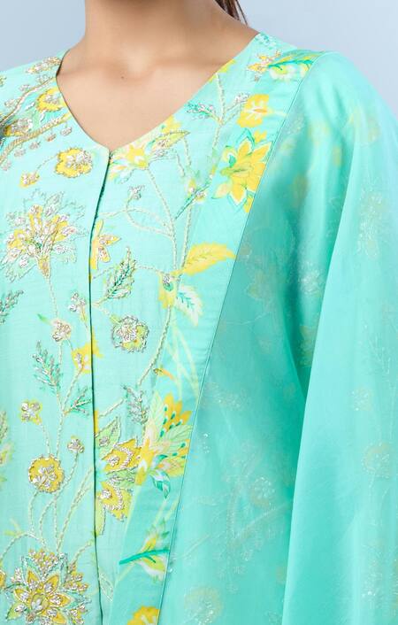 Buy Archana Shah Green Beads, Sequins, Pearls V-neck Floral Print Jacket Kurta Set Buy_Archana Shah_Green Beads, Sequins, Pearls V-neck Floral Print Jacket Kurta Set