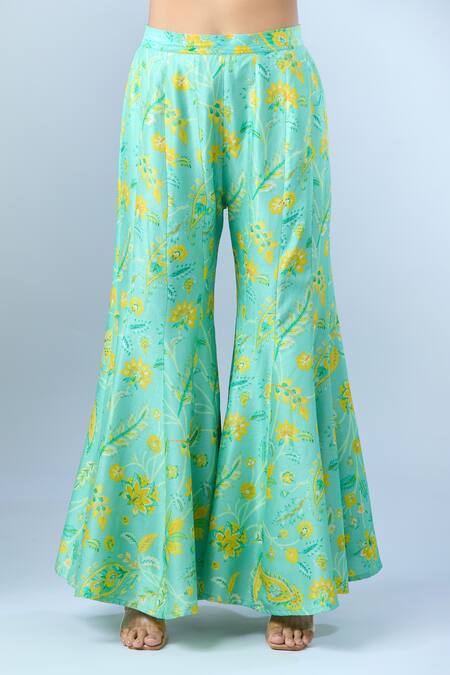 Shop Archana Shah Green Beads, Sequins, Pearls V-neck Floral Print Jacket Kurta Set Shop_Archana Shah_Green Beads, Sequins, Pearls V-neck Floral Print Jacket Kurta Set