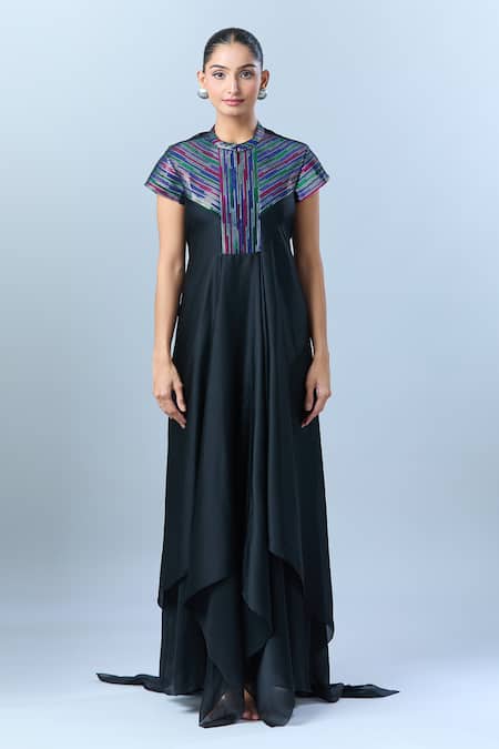 Amit Aggarwal_Black Chiffon Embroidery Collared Asymmetric Dress With Yoke _Online_at_Aza_Fashions
