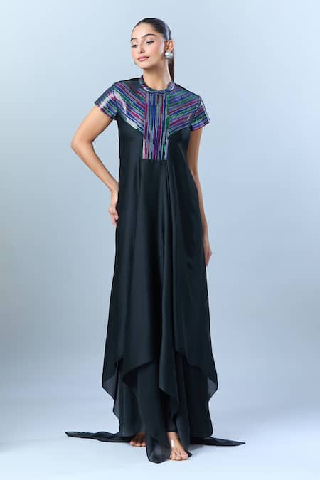 Buy_Amit Aggarwal_Black Chiffon Embroidery Collared Asymmetric Dress With Yoke _Online_at_Aza_Fashions
