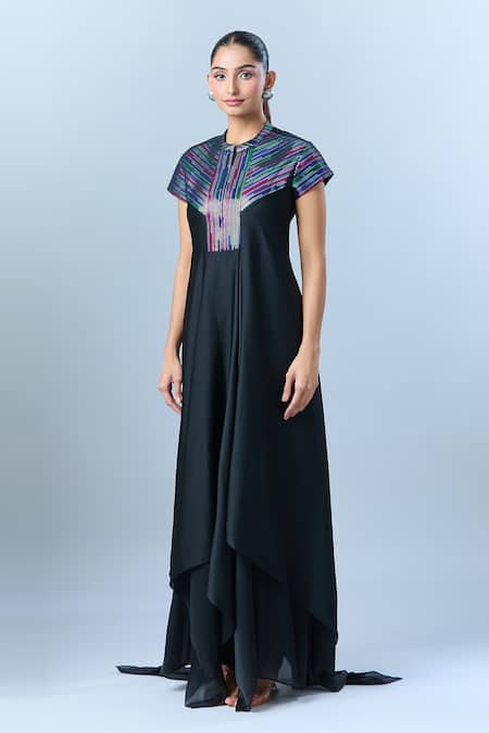 Shop_Amit Aggarwal_Black Chiffon Embroidery Collared Asymmetric Dress With Yoke _Online_at_Aza_Fashions