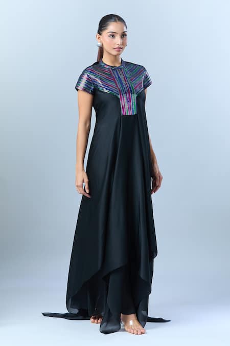 Amit Aggarwal_Black Chiffon Embroidery Collared Asymmetric Dress With Yoke _at_Aza_Fashions