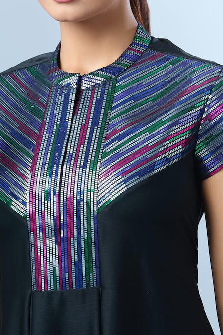 Buy_Amit Aggarwal_Black Chiffon Embroidery Collared Asymmetric Dress With Yoke 