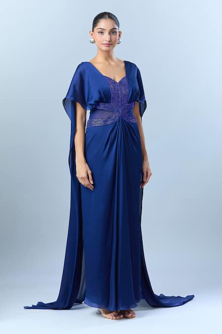 Amit Aggarwal_Blue Embroidery Asymmetric Yoke Saree Gown _Online_at_Aza_Fashions