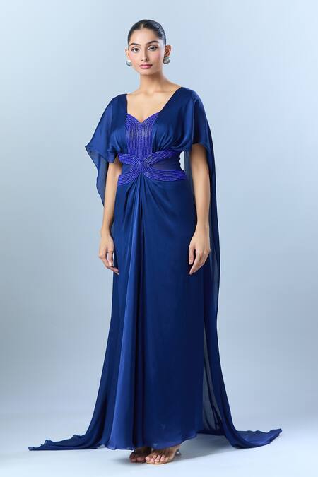 Buy_Amit Aggarwal_Blue Embroidery Asymmetric Yoke Saree Gown _Online_at_Aza_Fashions
