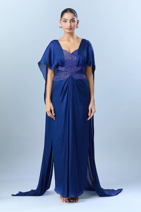 Shop_Amit Aggarwal_Blue Embroidery Asymmetric Yoke Saree Gown _Online_at_Aza_Fashions
