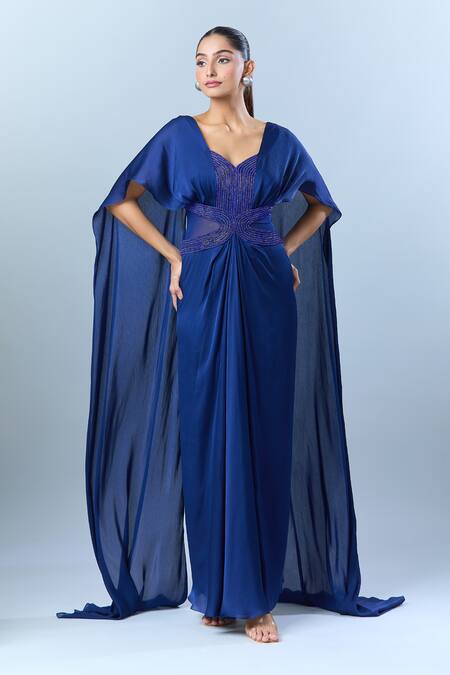 Amit Aggarwal_Blue Embroidery Asymmetric Yoke Saree Gown _at_Aza_Fashions