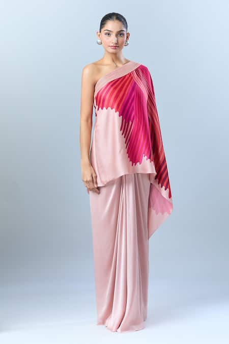 Buy_Amit Aggarwal_Pink Polyester Asymmetric Abstract Printed Top _Online_at_Aza_Fashions