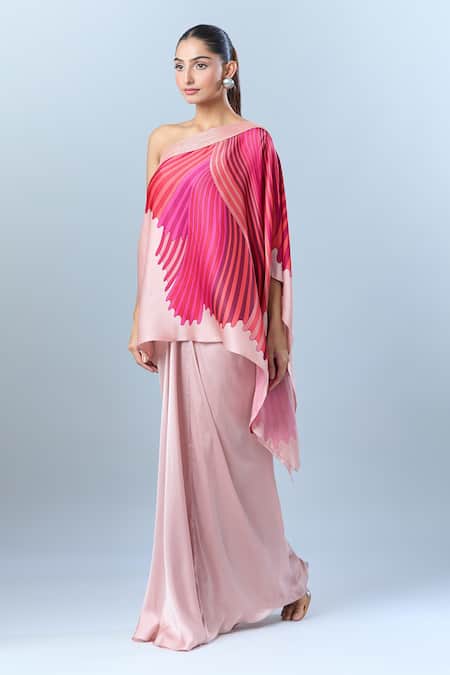 Shop_Amit Aggarwal_Pink Polyester Asymmetric Abstract Printed Top _Online_at_Aza_Fashions