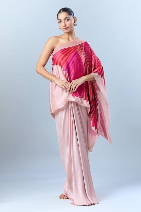 Amit Aggarwal_Pink Polyester Asymmetric Abstract Printed Top _at_Aza_Fashions