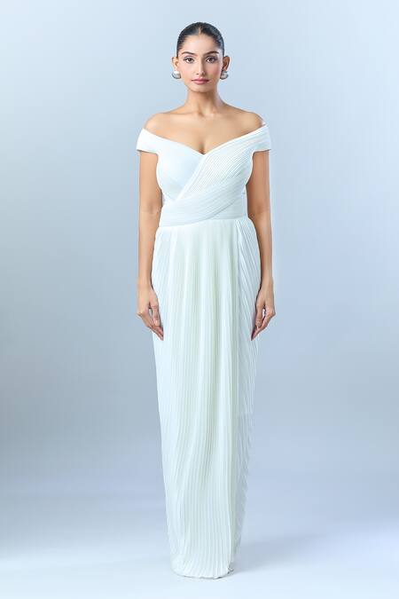 Buy Amit Aggarwal White Off-shoulder Pleated Off Gown Online at Aza Fashions Buy_Amit Aggarwal_White Off-shoulder Pleated Off Gown _Online_at_Aza_Fashions