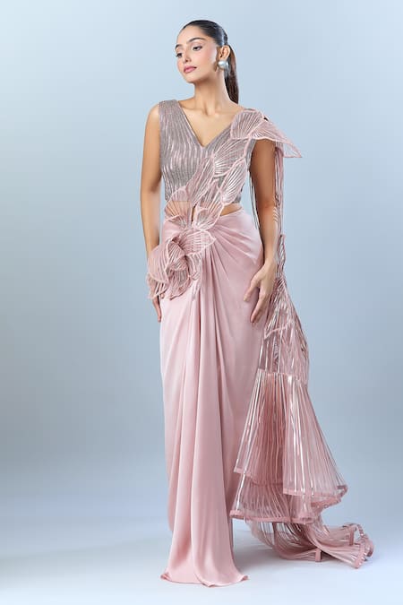Amit Aggarwal_Pink Silk, Satin, Chiffon Embroidery V-neck Metallic Drape Set _Online_at_Aza_Fashions