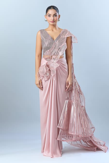 Buy_Amit Aggarwal_Pink Silk, Satin, Chiffon Embroidery V-neck Metallic Drape Set _Online_at_Aza_Fashions