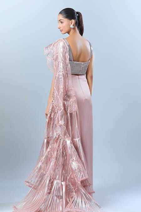 Shop_Amit Aggarwal_Pink Silk, Satin, Chiffon Embroidery V-neck Metallic Drape Set _at_Aza_Fashions