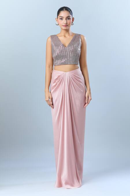 Shop_Amit Aggarwal_Pink Silk, Satin, Chiffon Embroidery V-neck Metallic Drape Set _Online_at_Aza_Fashions