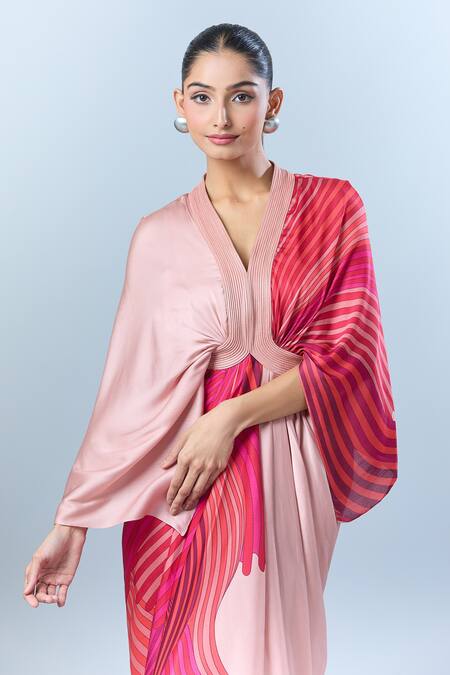 Amit Aggarwal_Pink Silk V-neck Layered Dress With Abstract Print _Online_at_Aza_Fashions