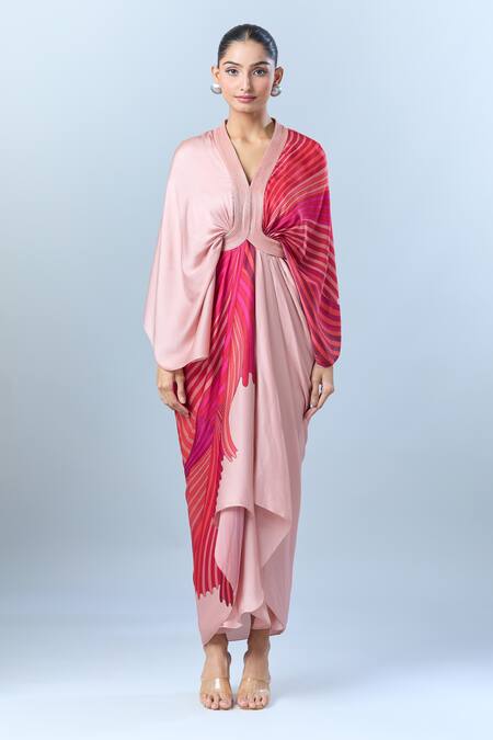 Buy_Amit Aggarwal_Pink Silk V-neck Layered Dress With Abstract Print _Online_at_Aza_Fashions