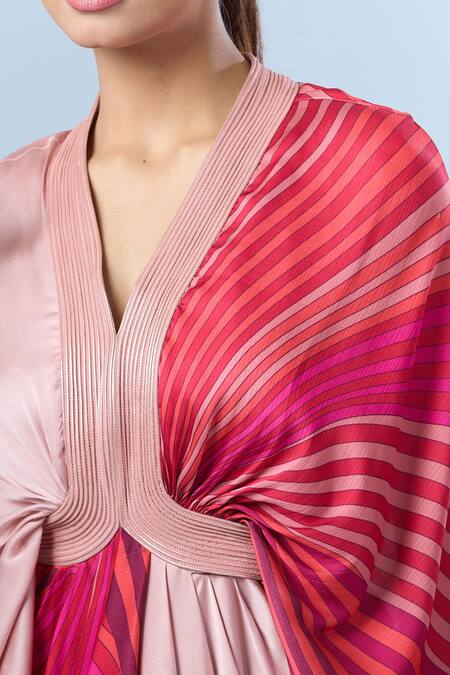 Shop_Amit Aggarwal_Pink Silk V-neck Layered Dress With Abstract Print _Online_at_Aza_Fashions