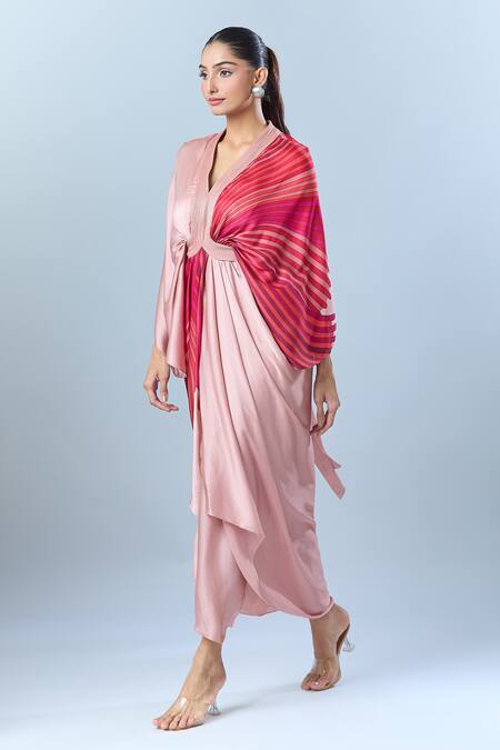 Amit Aggarwal_Pink Silk V-neck Layered Dress With Abstract Print _at_Aza_Fashions