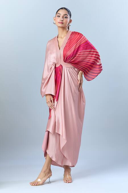 Buy_Amit Aggarwal_Pink Silk V-neck Layered Dress With Abstract Print 