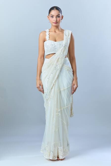 Mishru_Ivory Cotton Sequins, Pearls, Embroidery Floral Pre-draped Saree And Blouse _Online_at_Aza_Fashions
