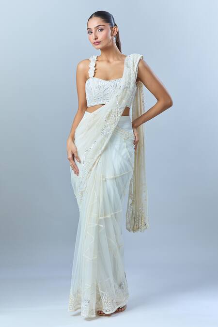 Buy_Mishru_Ivory Cotton Sequins, Pearls, Embroidery Floral Pre-draped Saree And Blouse _Online_at_Aza_Fashions