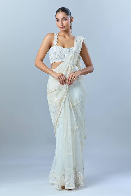 Shop_Mishru_Ivory Cotton Sequins, Pearls, Embroidery Floral Pre-draped Saree And Blouse _Online_at_Aza_Fashions