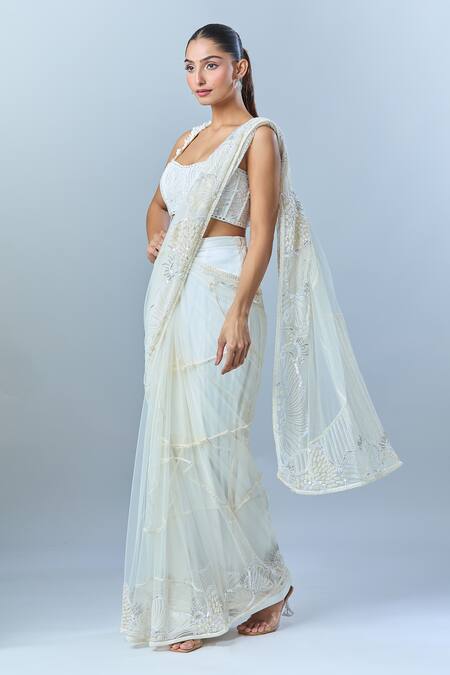 Mishru_Ivory Cotton Sequins, Pearls, Embroidery Floral Pre-draped Saree And Blouse _at_Aza_Fashions