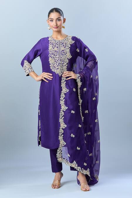 Shop Prisho Blue Cotton Embroidery Round Neck Floral Bloom Kurta Set Online at Aza Fashions Shop_Prisho_Blue Cotton Embroidery Round Neck Floral Bloom Kurta Set _Online_at_Aza_Fashions