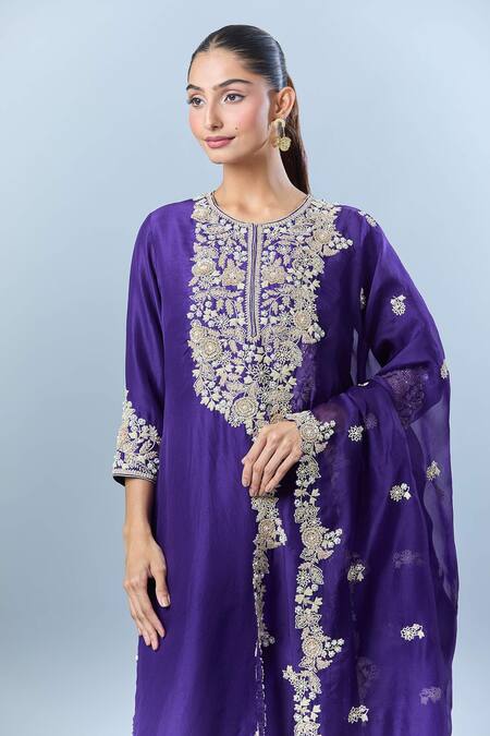 Prisho Blue Cotton Embroidery Round Neck Floral Bloom Kurta Set at Aza Fashions Prisho_Blue Cotton Embroidery Round Neck Floral Bloom Kurta Set _at_Aza_Fashions
